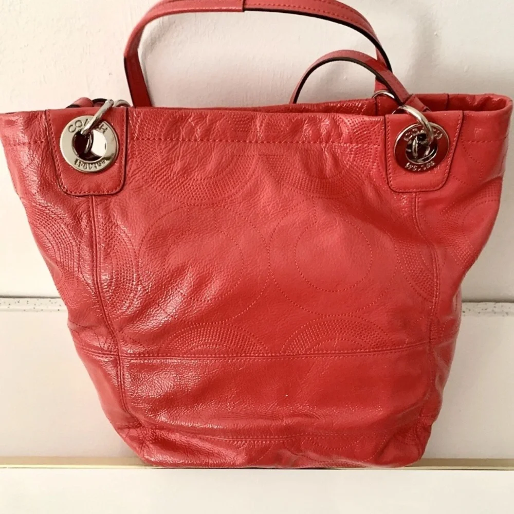 COACH Bag NEW (never used) 2012 Coral Orange Tote Silver Hardware Logo hangtags - Picture 5 of 13